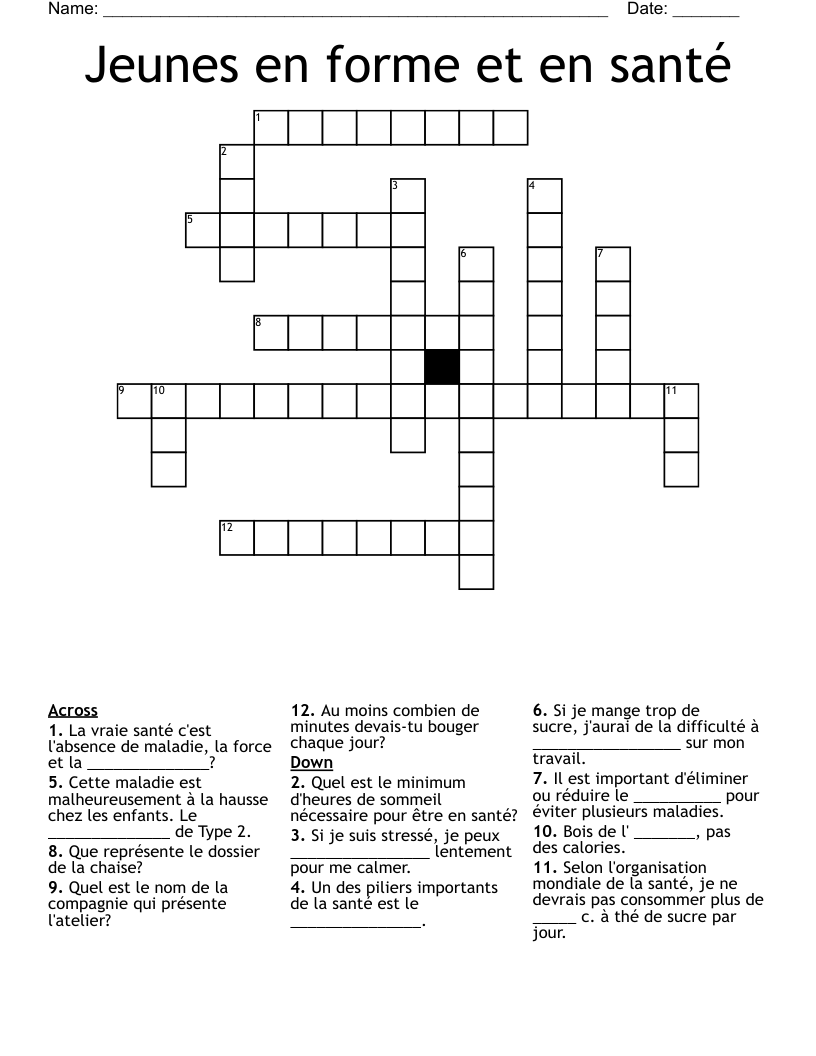 Jeunes en forme et en santé Crossword