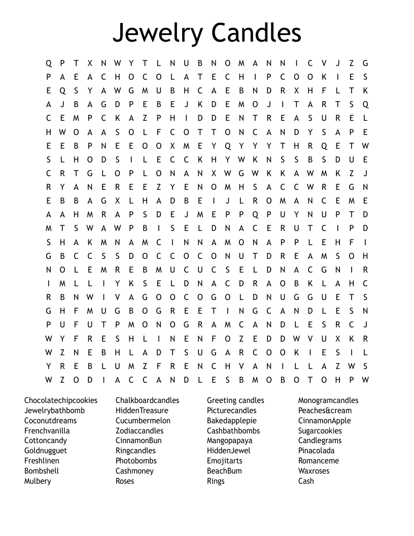 Jewelry Candles Word Search