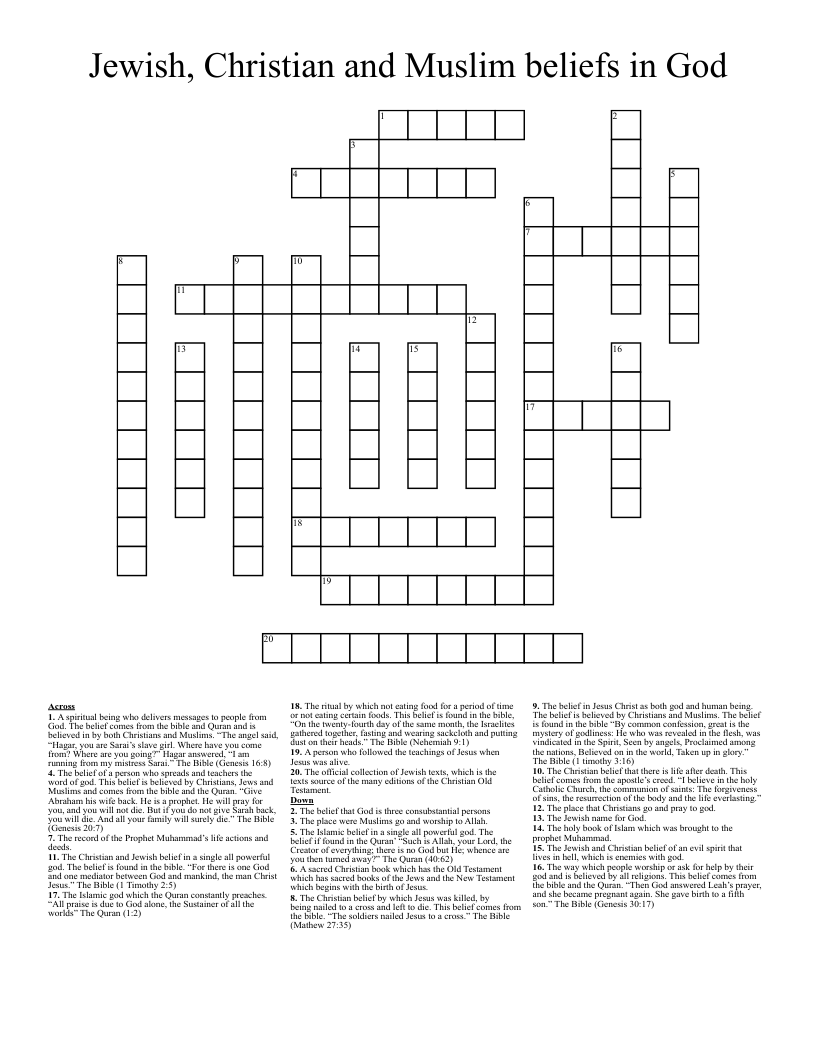 Jewish, Christian and Muslim beliefs in God  Crossword