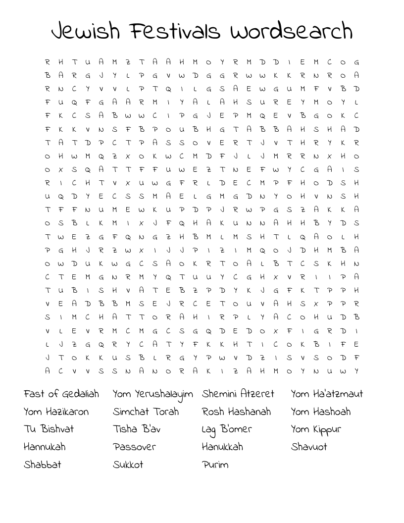 Jewish Festivals Wordsearch