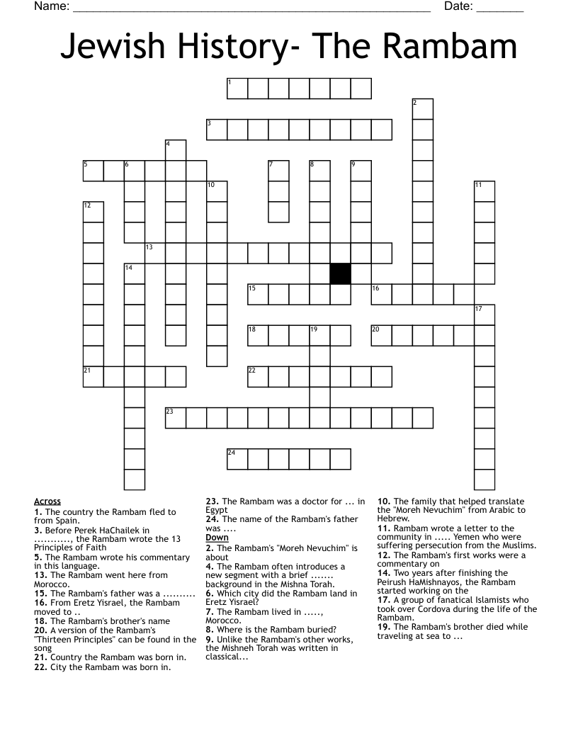 Jewish History- The Rambam Crossword