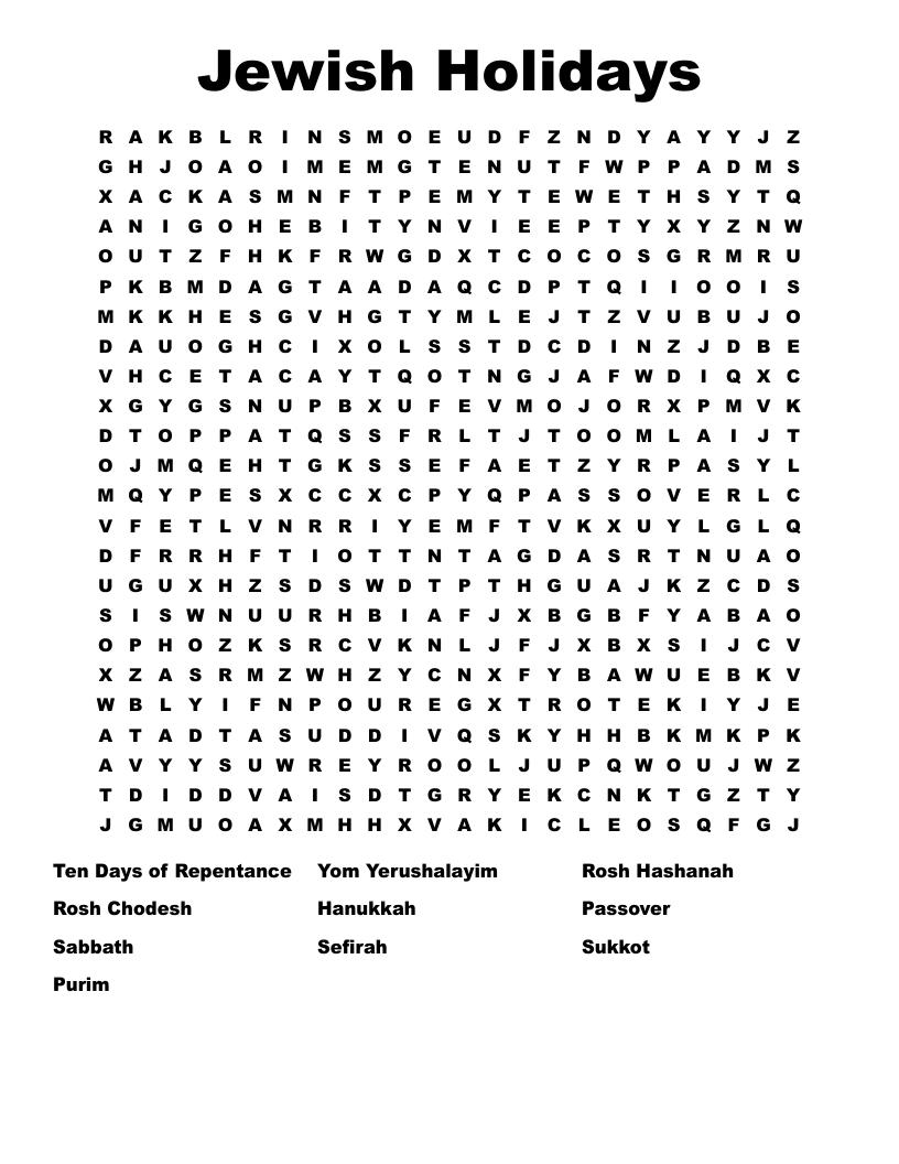 Jewish Holidays Word Search