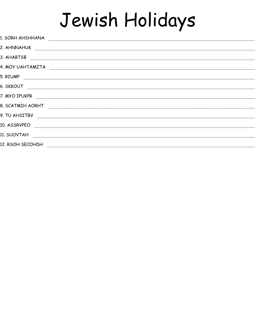 Jewish Holidays Word Scramble