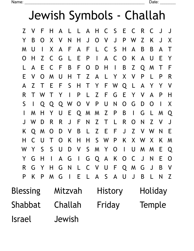 Jewish Symbols - Challah Word Search