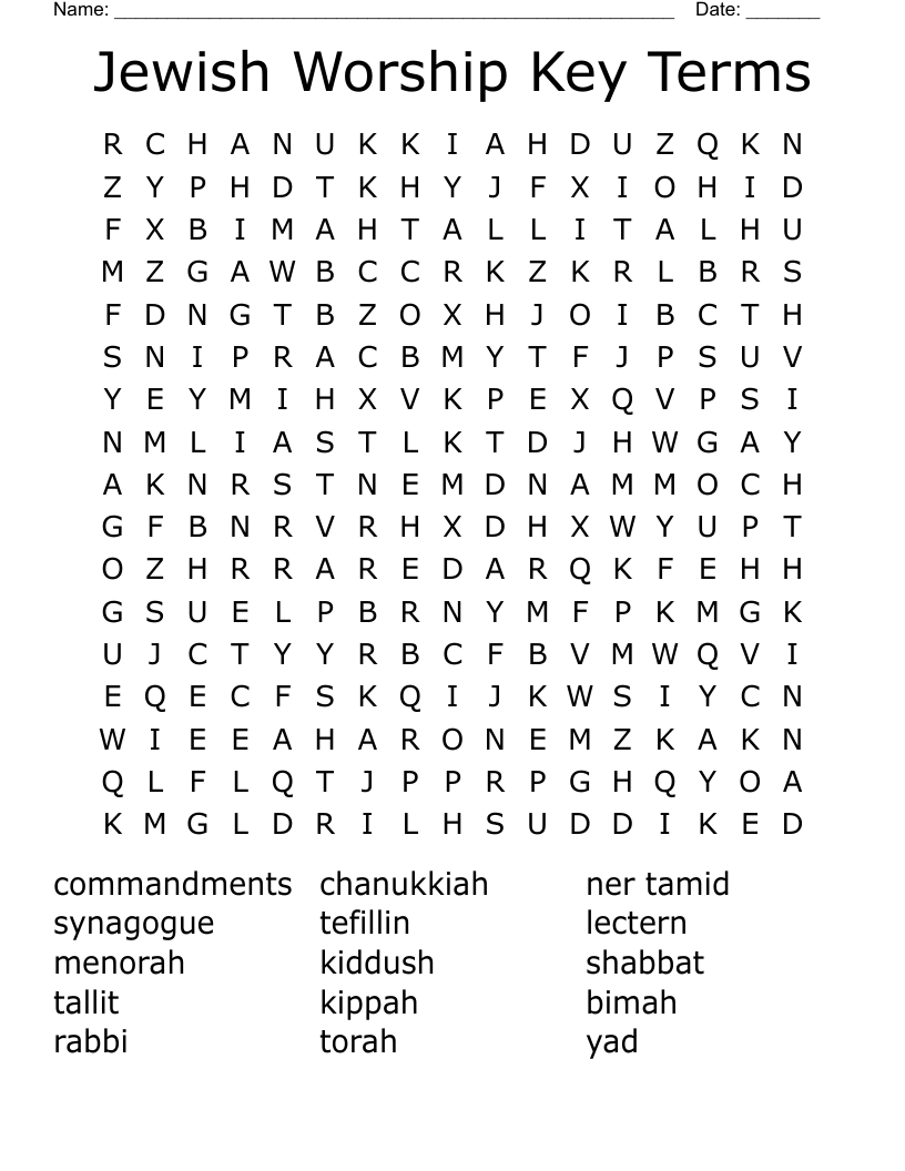 Jewish Worship Key Terms Word Search
