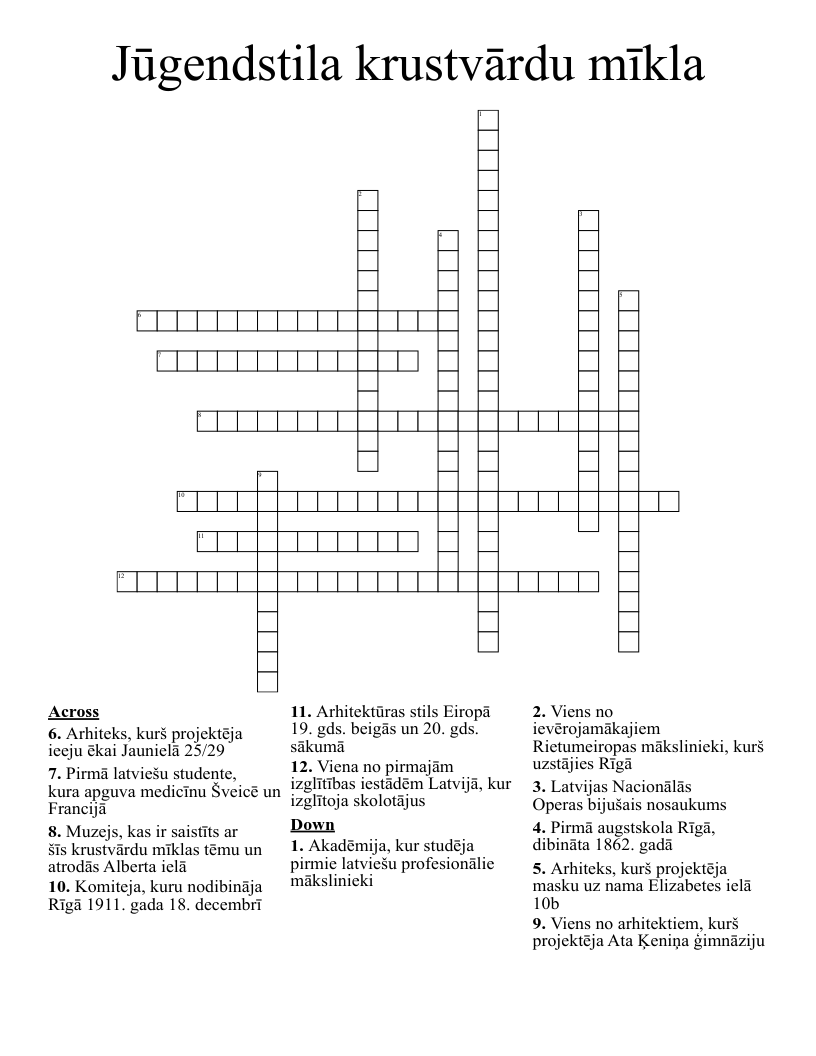 Jūgendstila krustvārdu mīkla Crossword