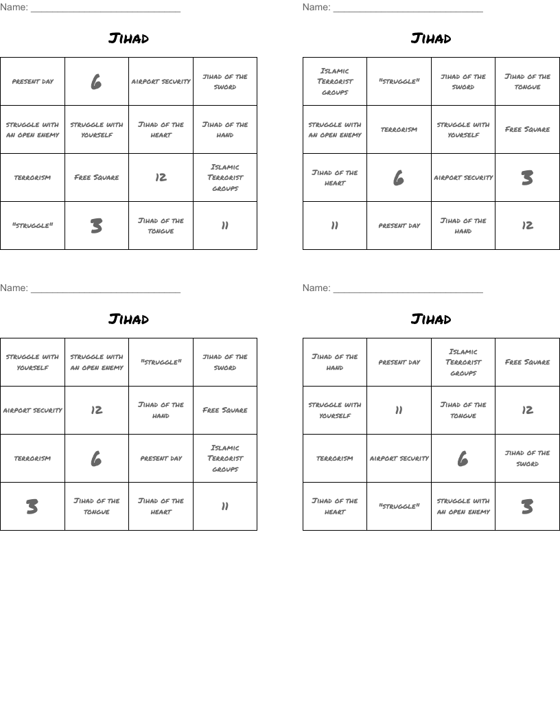 Jihad  Bingo Cards