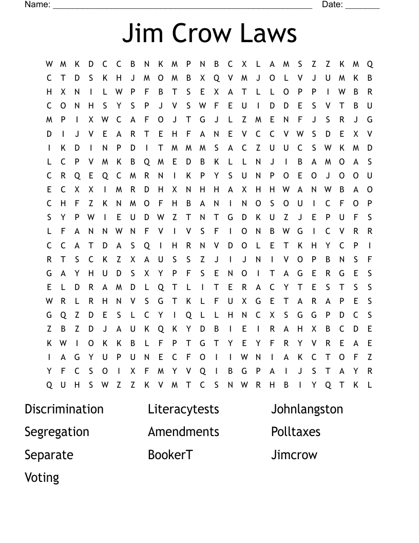 Jim Crow Laws Word Search