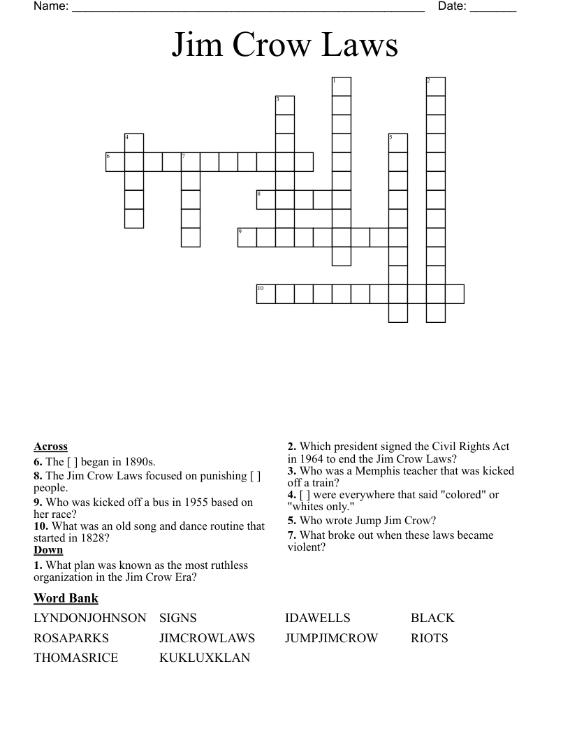 Jim Crow Laws Crossword