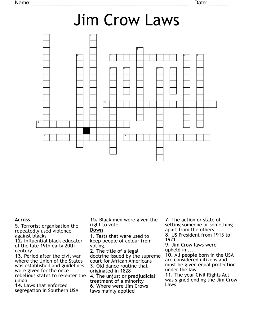 Jim Crow Laws Crossword