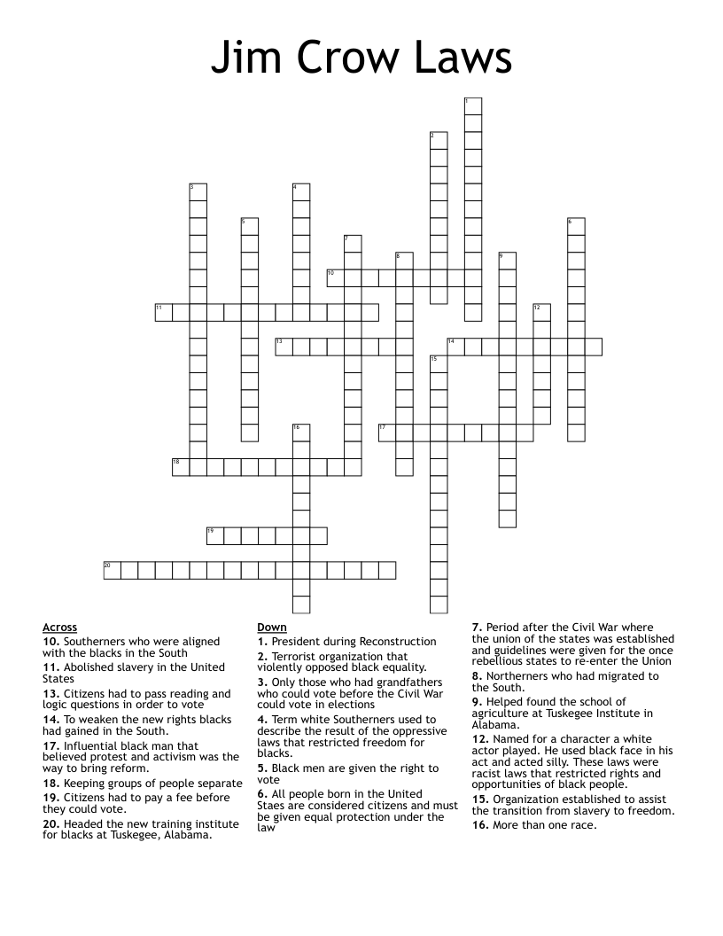 Jim Crow Laws Crossword