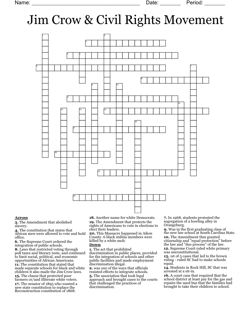 Jim Crow & Civil Rights Movement  Crossword