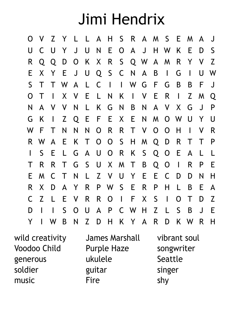 Jimi Hendrix Word Search