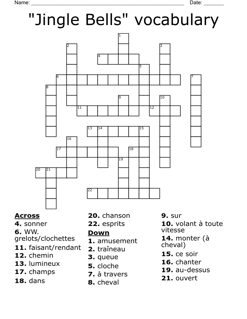 "Jingle Bells" vocabulary Crossword