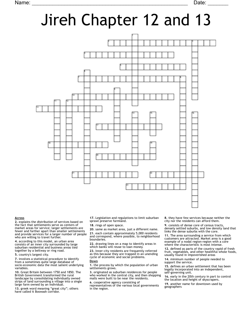 Jireh Chapter 12 and 13 Crossword