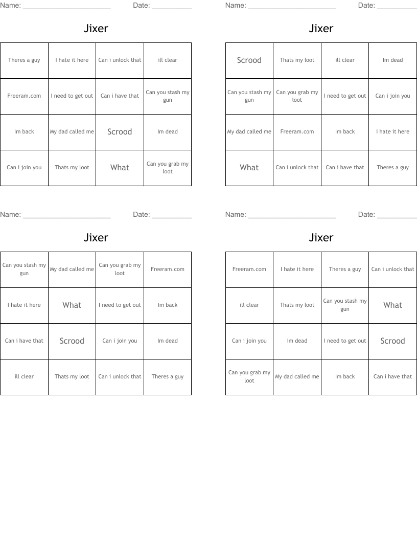 Jixer Bingo Cards
