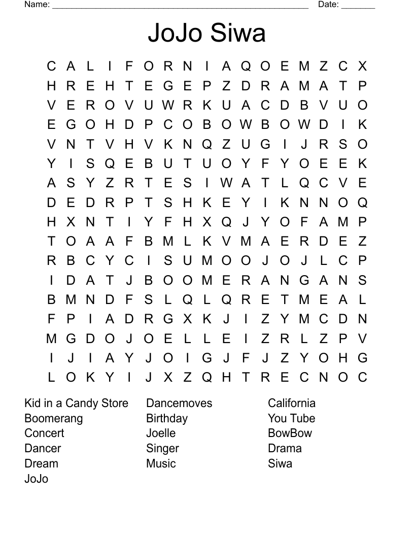 JoJo Siwa Word Search
