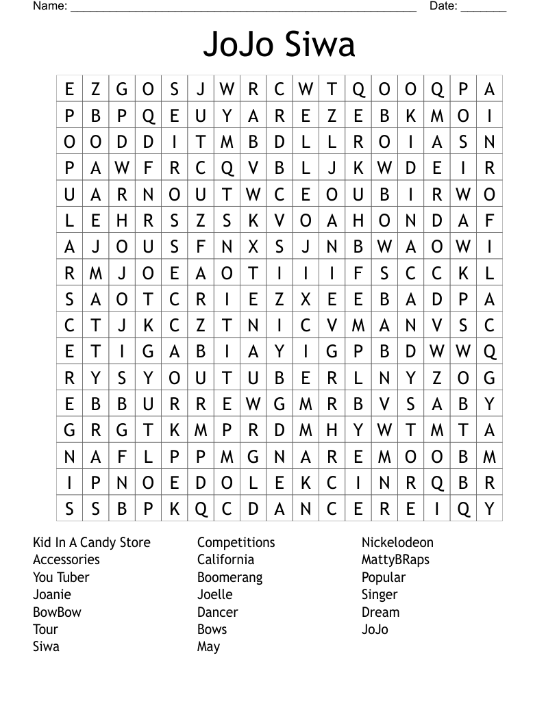 JoJo Siwa Word Search