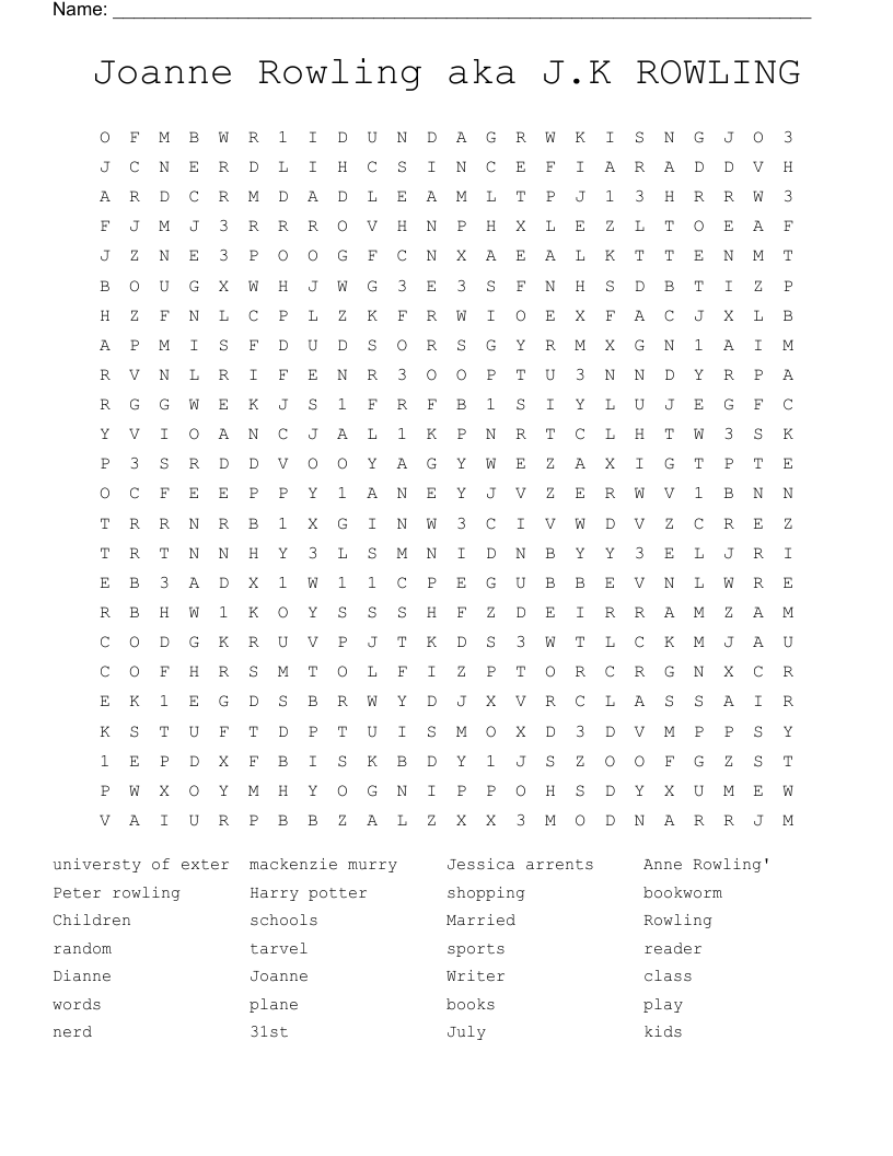 Joanne Rowling aka J.K ROWLING Word Search