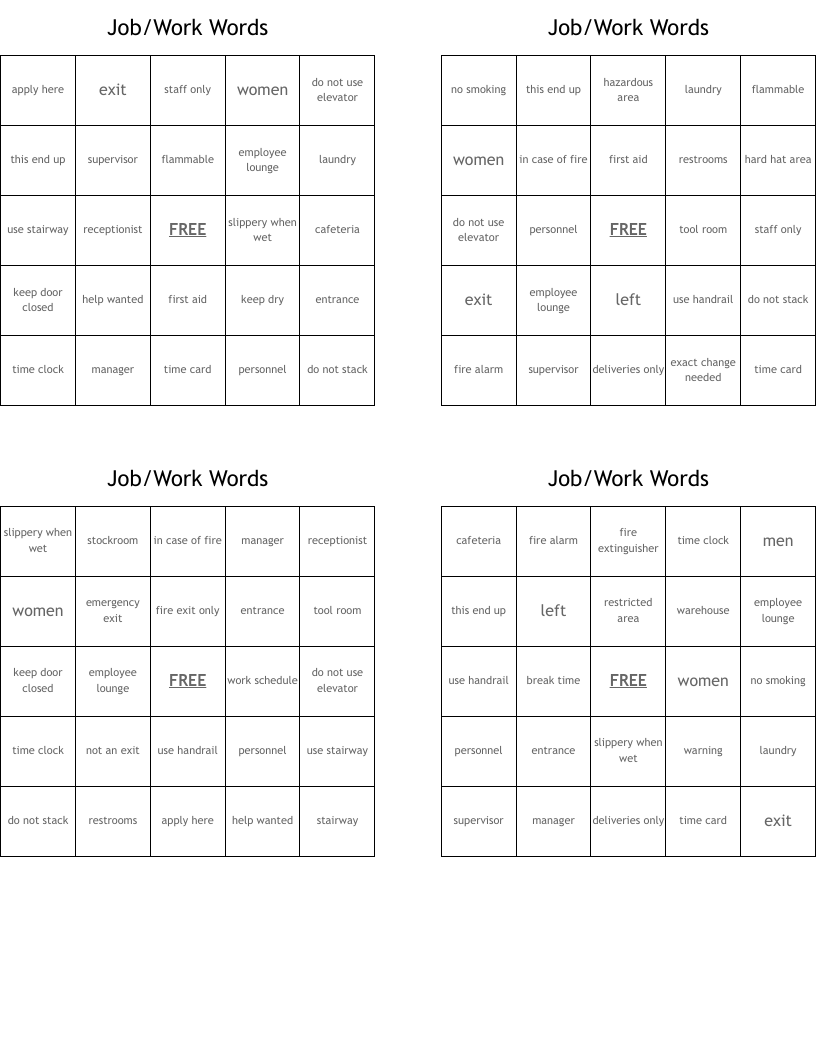 Job/Work Words Bingo Cards