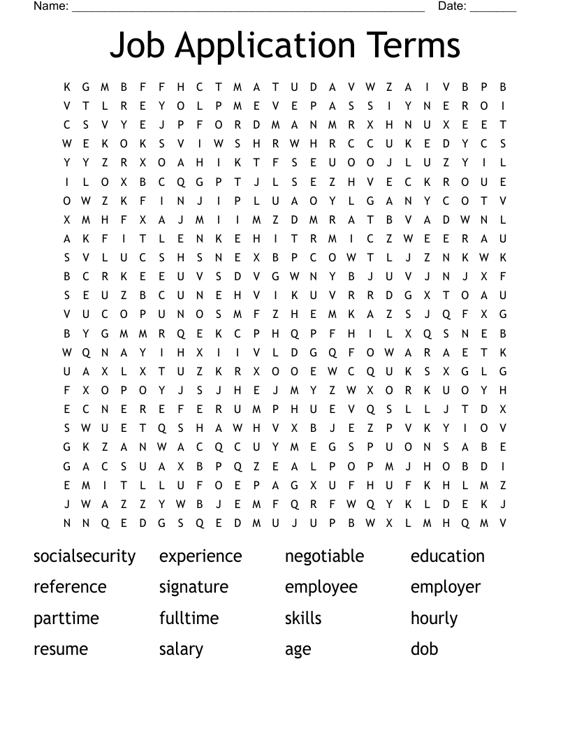 Job Application Terms Word Search