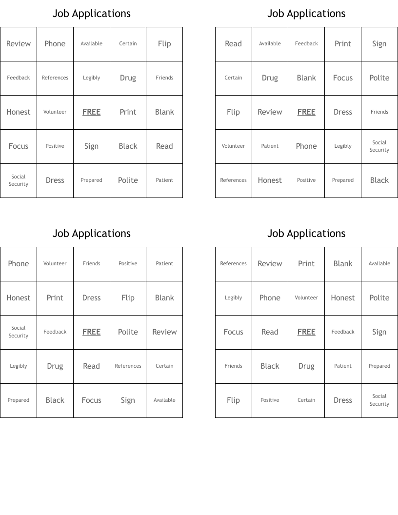 Job Applications Bingo Cards