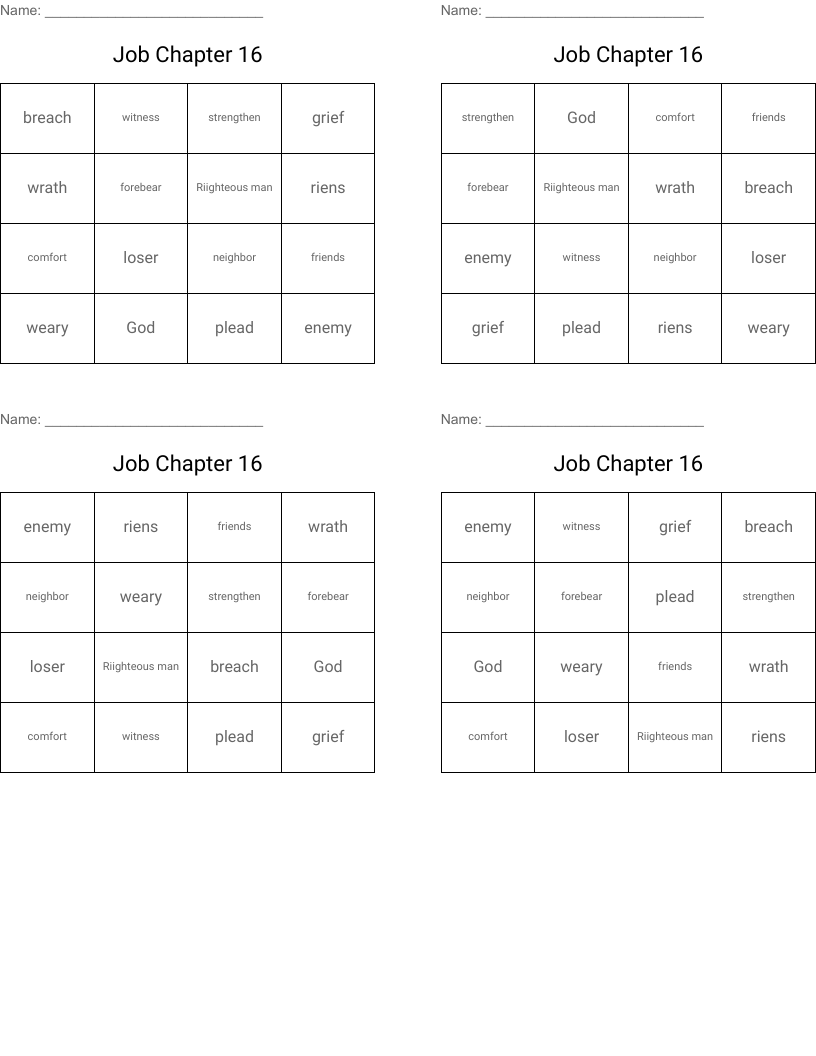 Job Chapter 16 Bingo Cards