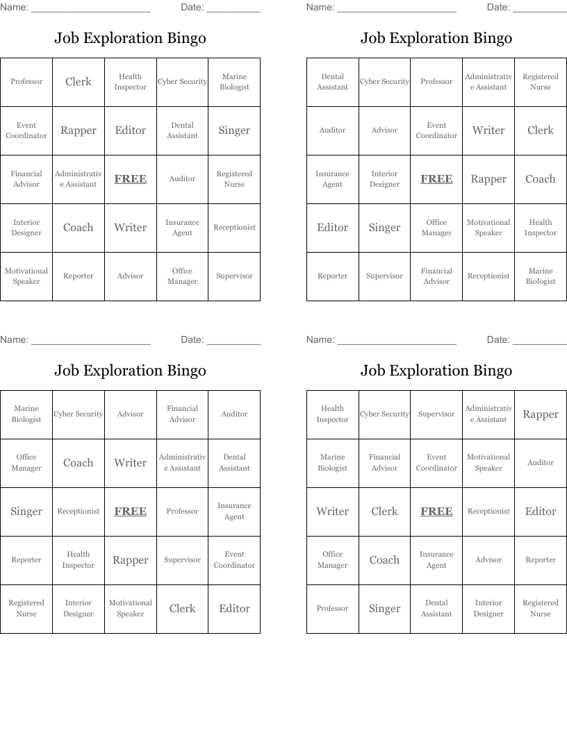Job Exploration Bingo