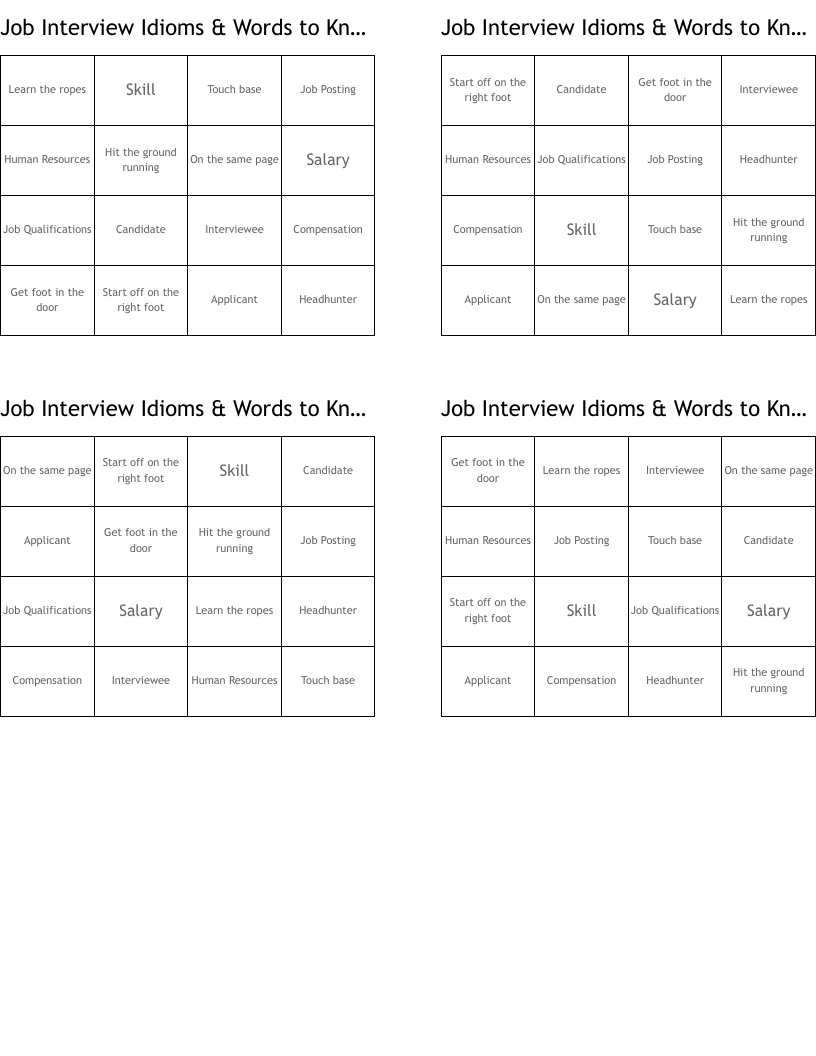 Job Interview Idioms & Words to Know Bingo Cards
