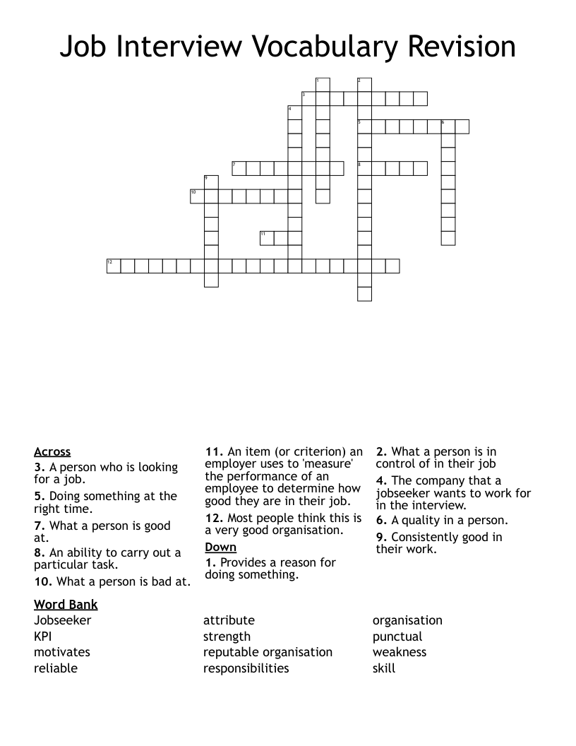 Job Interview Vocabulary Revision Crossword