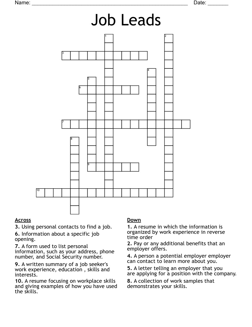Job Leads Crossword
