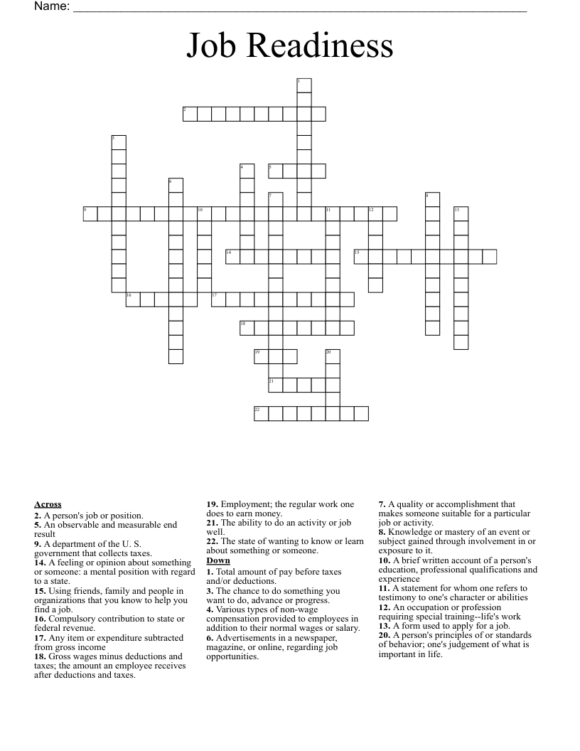 Job Readiness Crossword