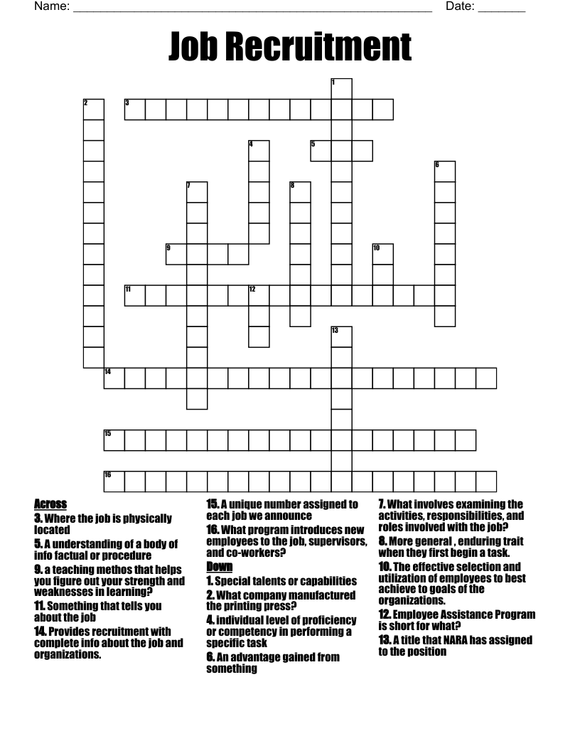 Job Recruitment Crossword