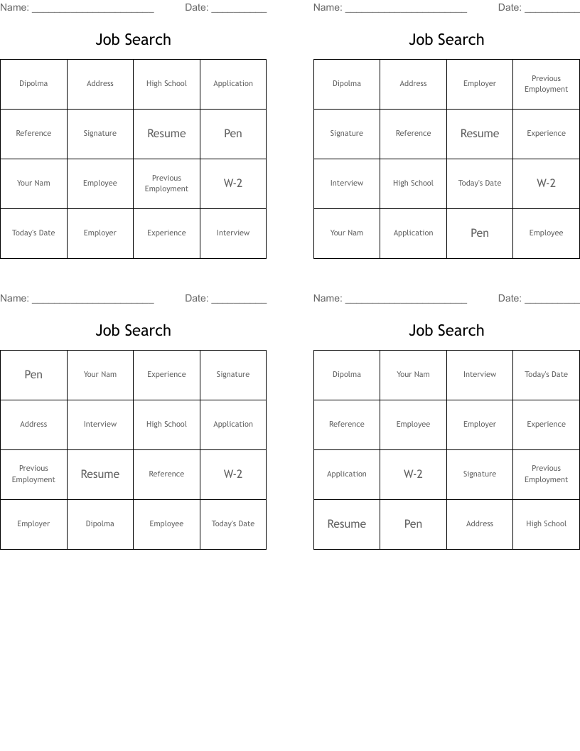 Job Search Bingo Cards