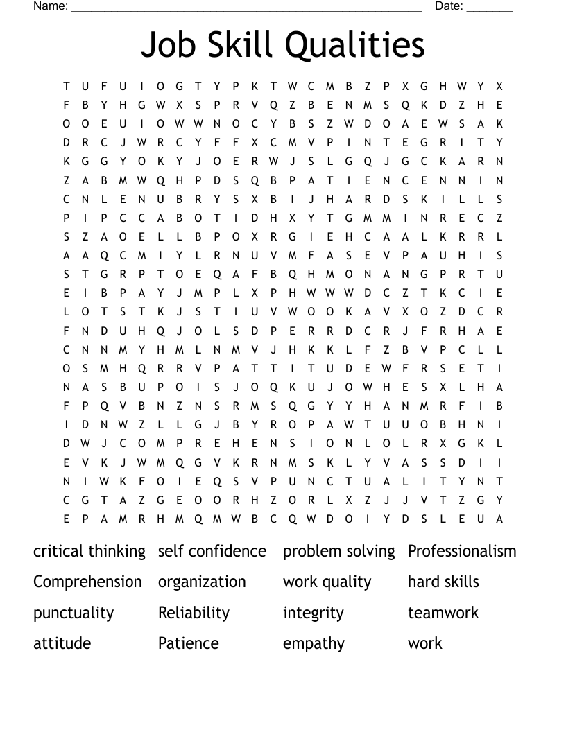 Job Skill Qualities Word Search