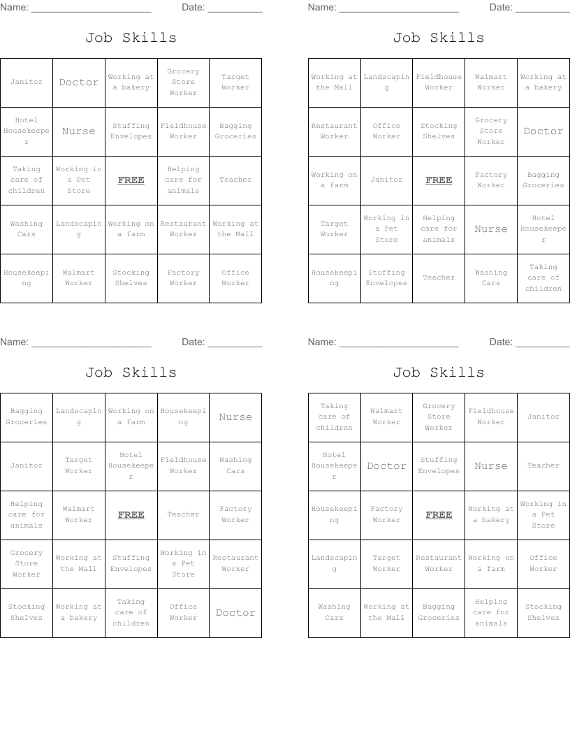Job Skills Bingo Cards