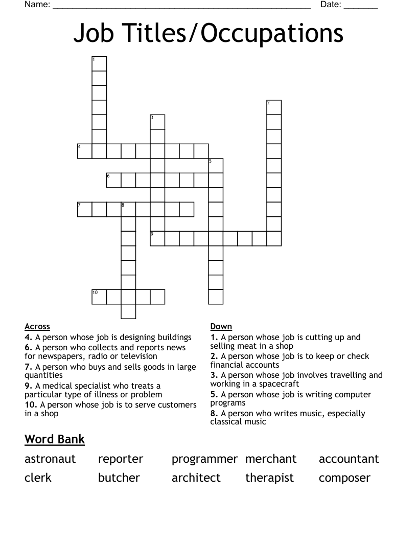 Job Titles/Occupations Crossword