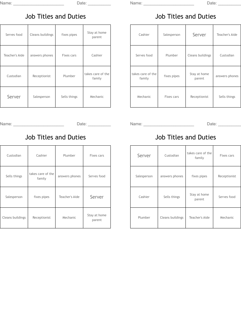 Job Titles and Duties  Bingo Cards