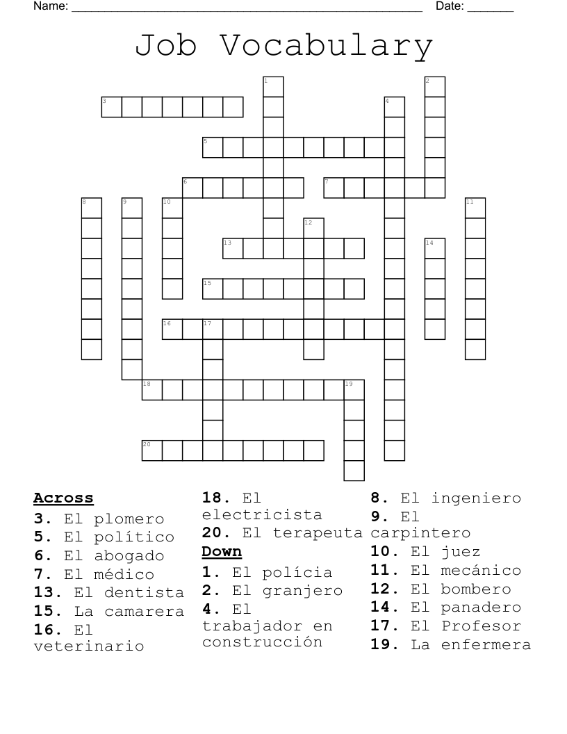 Job Vocabulary Crossword