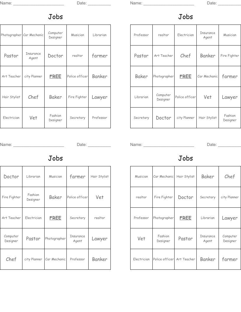 Jobs Bingo Cards