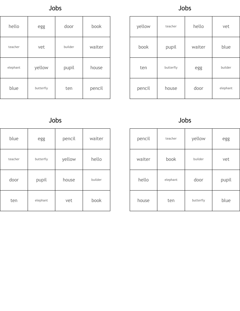 Jobs Bingo Cards