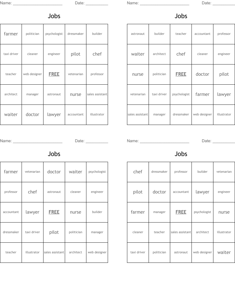 Jobs Bingo Cards