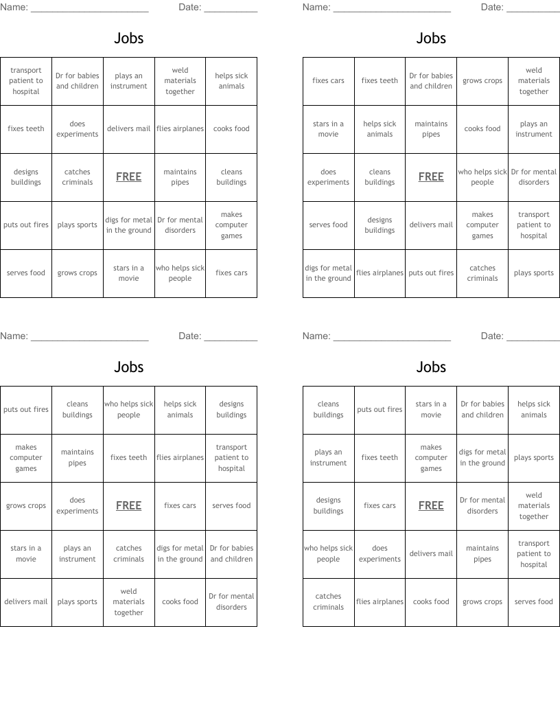 Jobs Bingo Cards