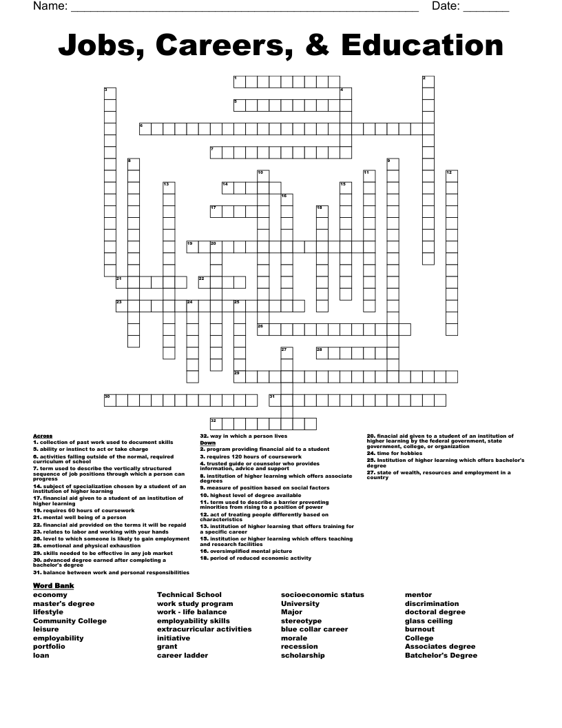 Jobs, Careers, & Education Crossword