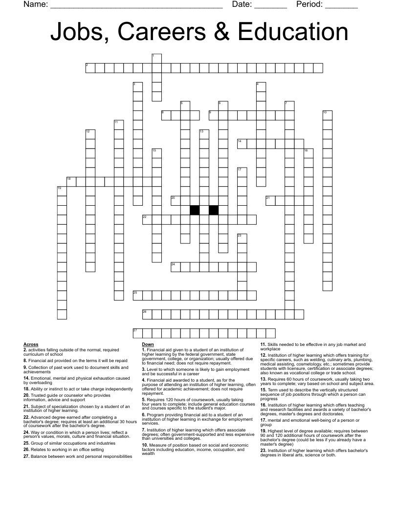 Jobs, Careers & Education Crossword