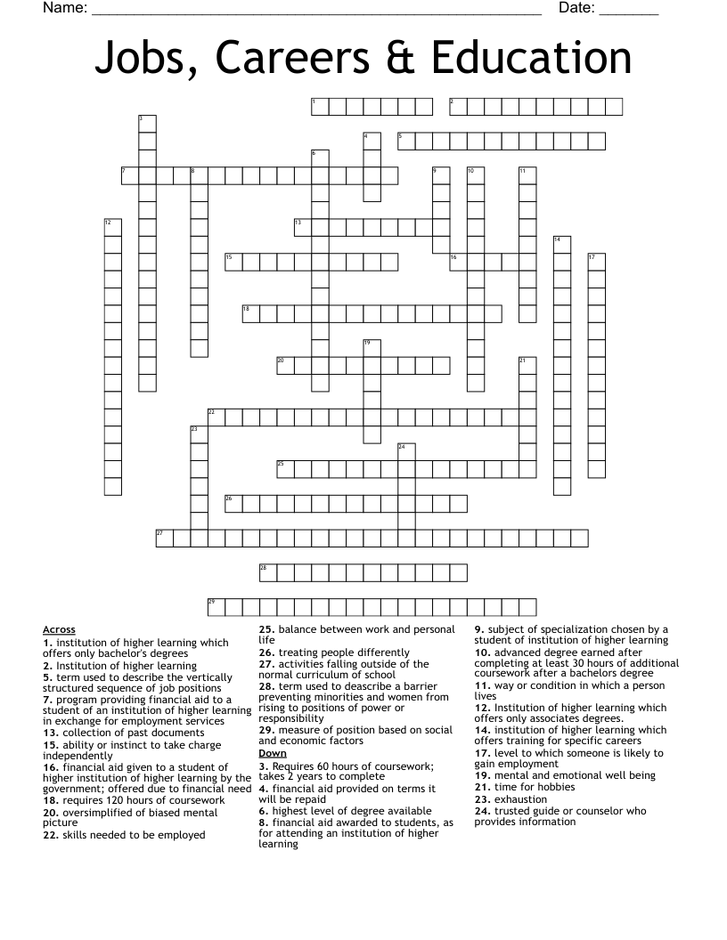 Jobs, Careers & Education Crossword