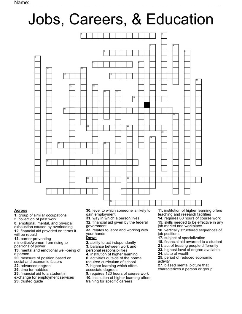 Jobs, Careers, & Education  Crossword