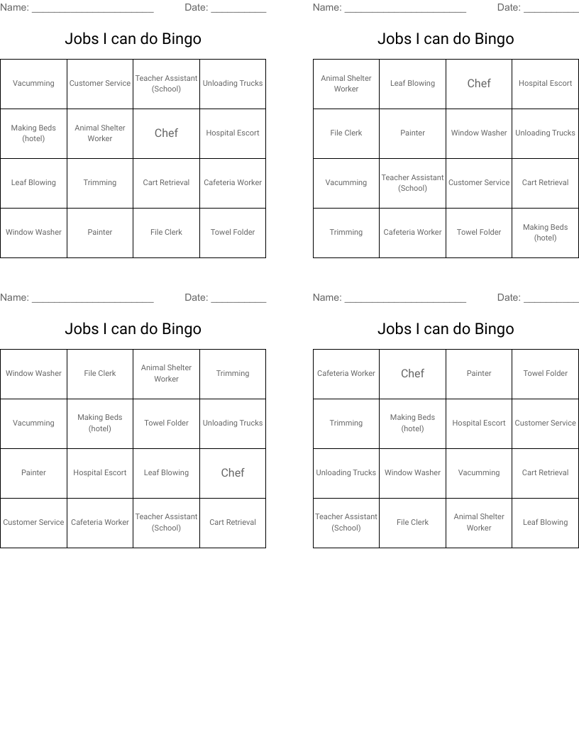 Jobs I can do Bingo
