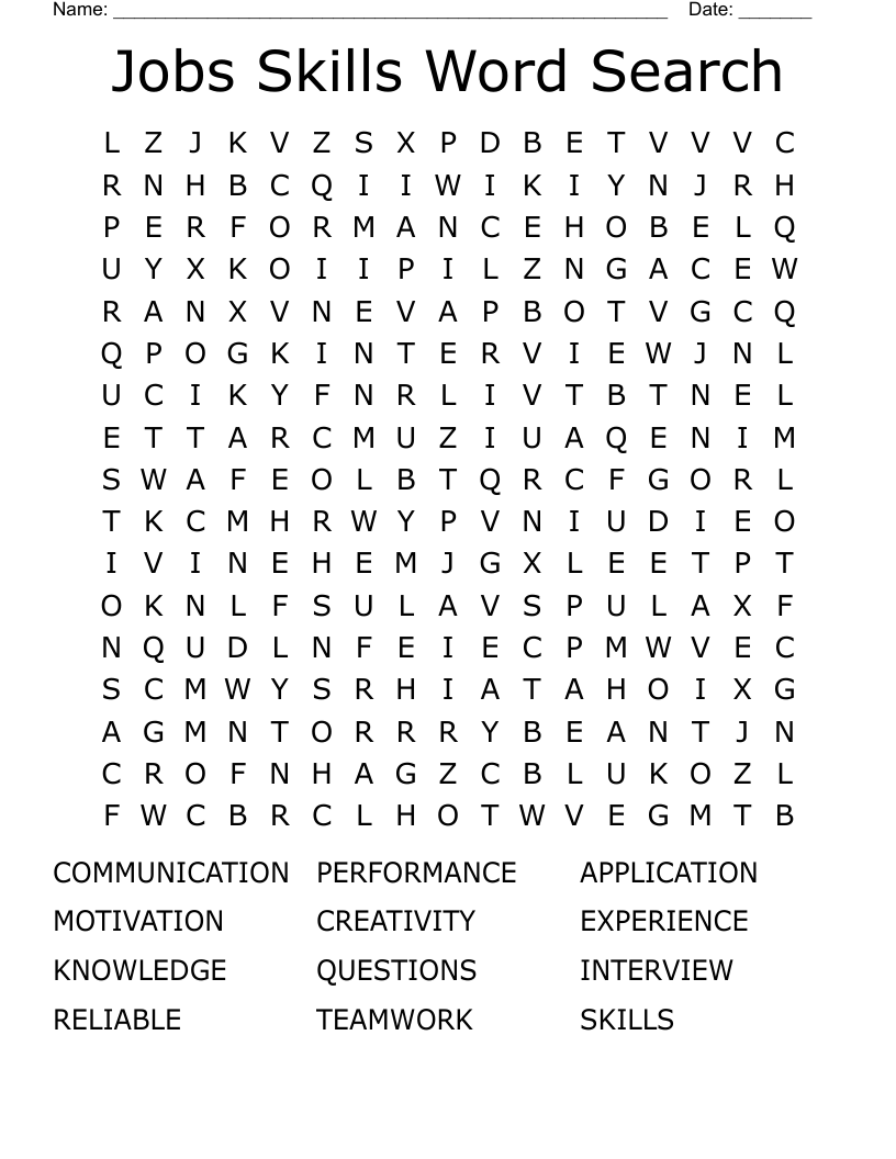 Jobs Skills Word Search 