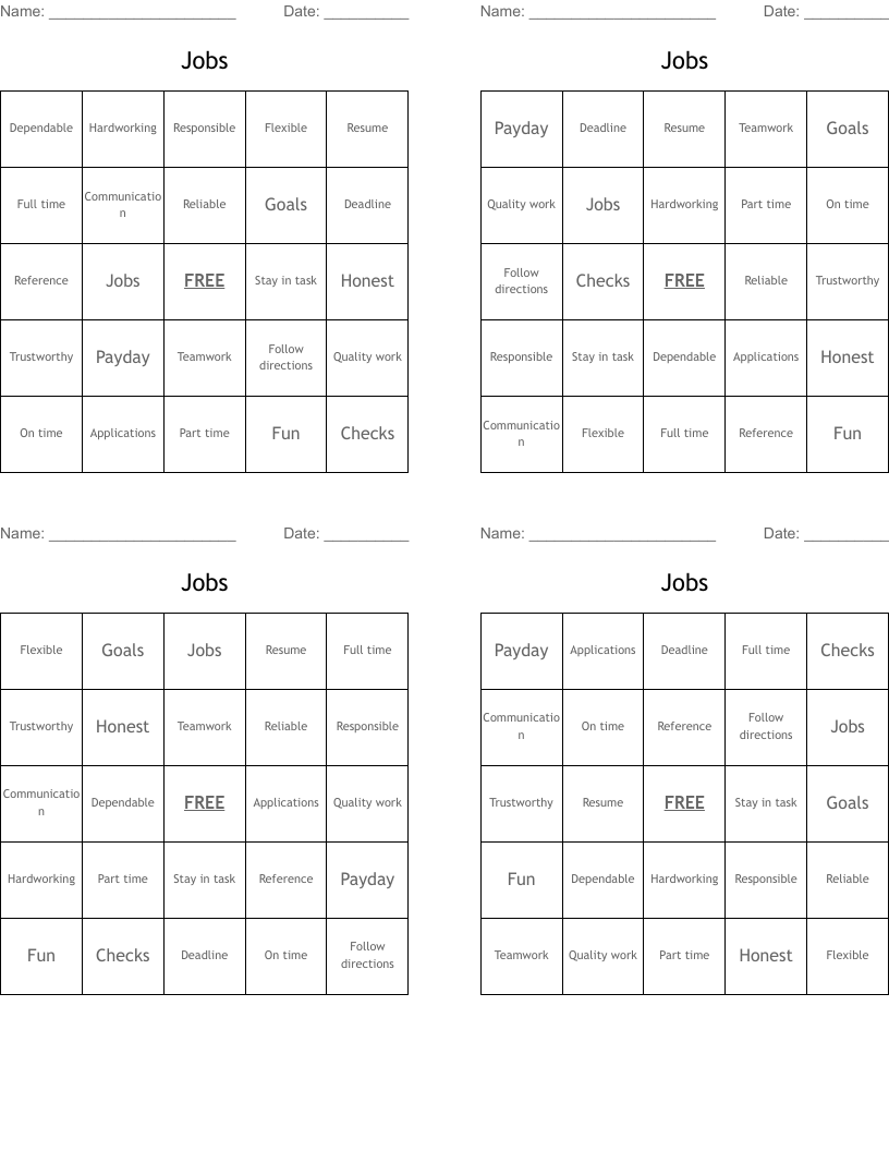 Jobs  Bingo Cards